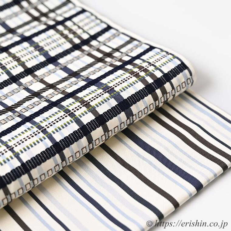 洛風林　九寸織名古屋帯（格子〔縞〕/白練地に焦げ茶色や勝色 等）「着物と帯・呉服えり新」