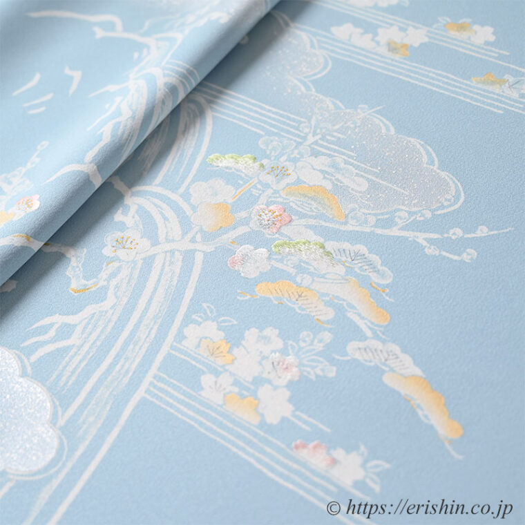 付下（御所解き/白揚げを御馳走に淡彩で・白群色）「着物と帯・呉服えり新」