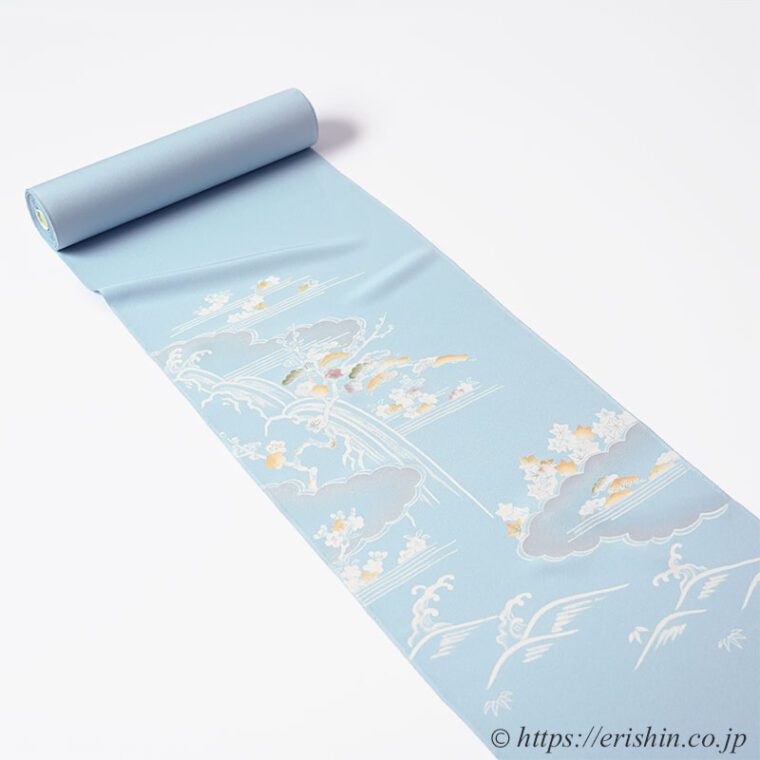 付下（御所解き/白揚げを御馳走に淡彩で・白群色）「着物と帯・呉服えり新」