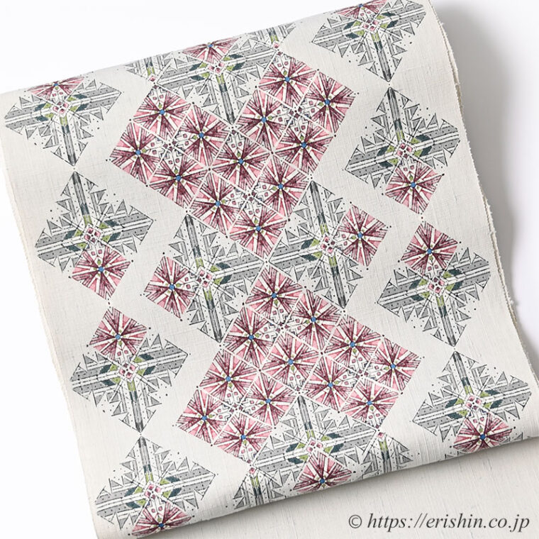 特選「鈴田滋人　木版摺更紗帯（仰陽譜）」「着物と帯・呉服えり新」