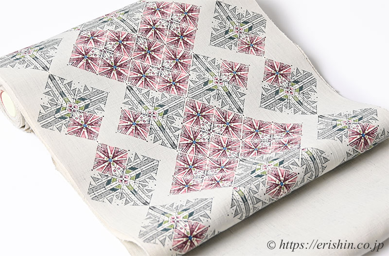 特選「鈴田滋人　木版摺更紗帯（仰陽譜）」「着物と帯・呉服えり新」