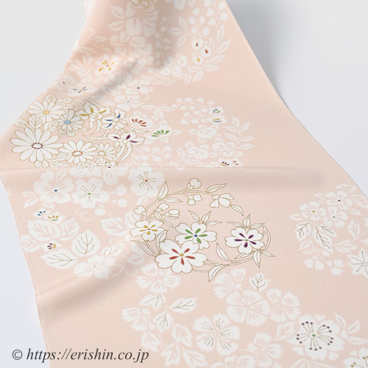 小紋（百花彩り花丸文/淡い鴇色）工芸キモノ野口「着物と帯・呉服えり新」