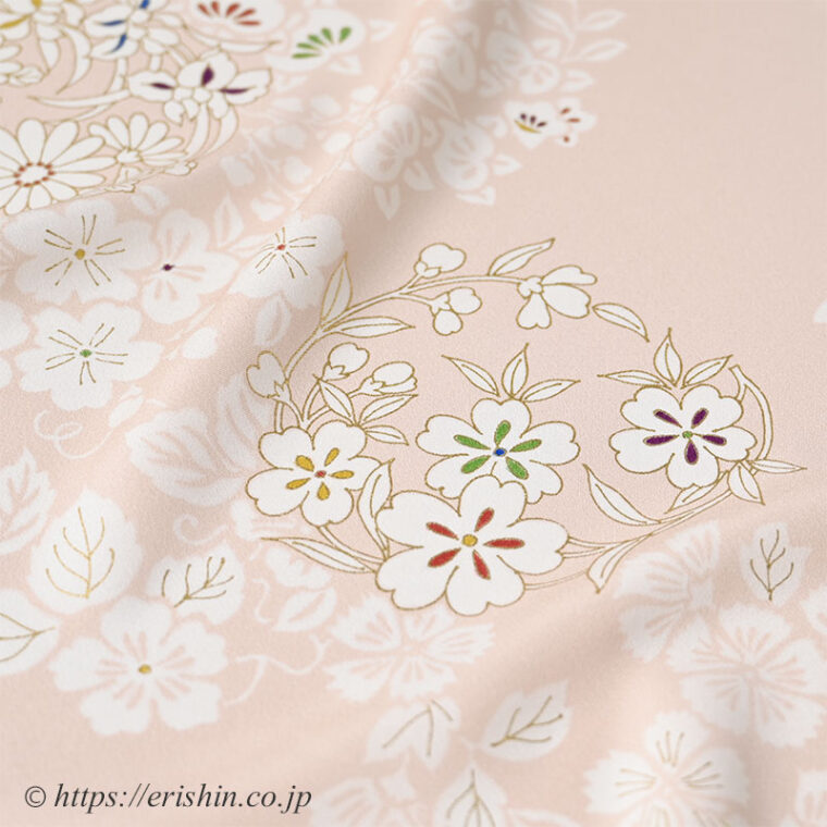 小紋（百花彩り花丸文/淡い鴇色）工芸キモノ野口「着物と帯・呉服えり新」