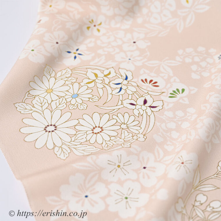 小紋（百花彩り花丸文/淡い鴇色）工芸キモノ野口「着物と帯・呉服えり新」