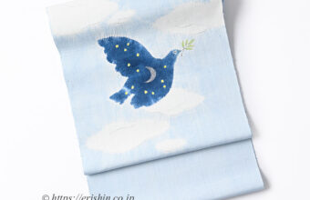 森健持　染名古屋帯（青い空白い雲そして鳩・辻ケ花/紬地）「着物と帯・呉服えり新」