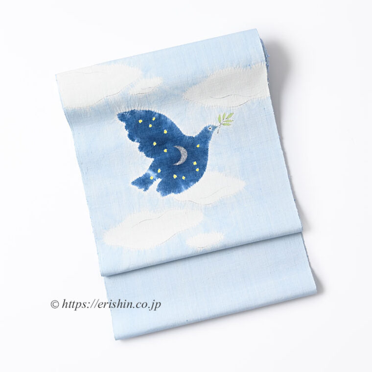 森健持　染名古屋帯（青い空白い雲そして鳩・辻ケ花/紬地）「着物と帯・呉服えり新」