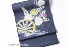 森健持　染名古屋帯（水車に葵・辻ケ花/紬地）「着物と帯・呉服えり新」