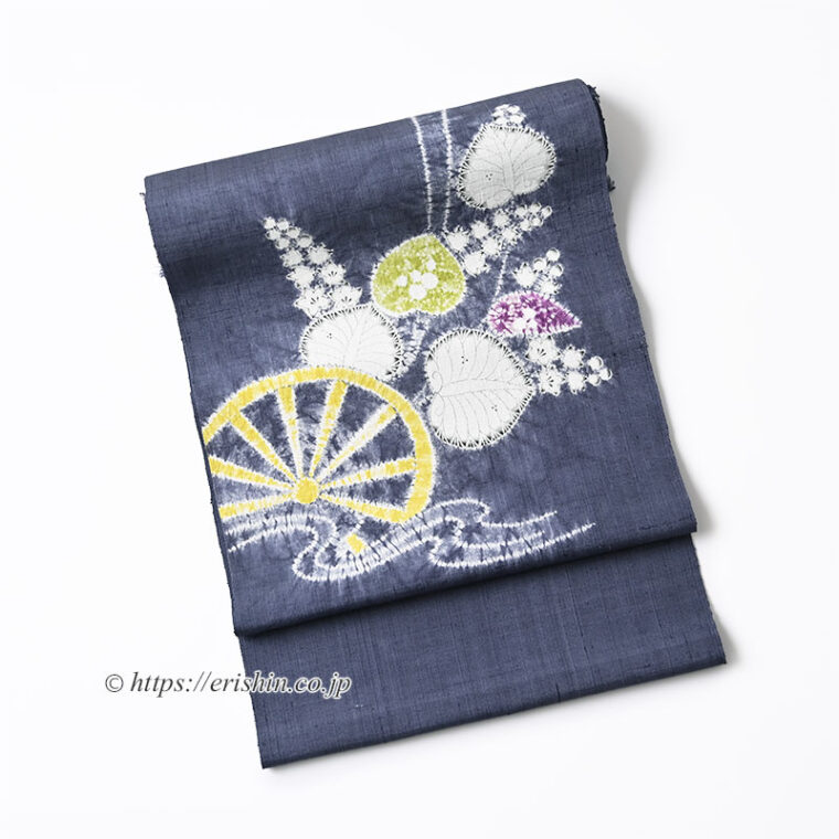 森健持　染名古屋帯（水車に葵・辻ケ花/紬地）「着物と帯・呉服えり新」