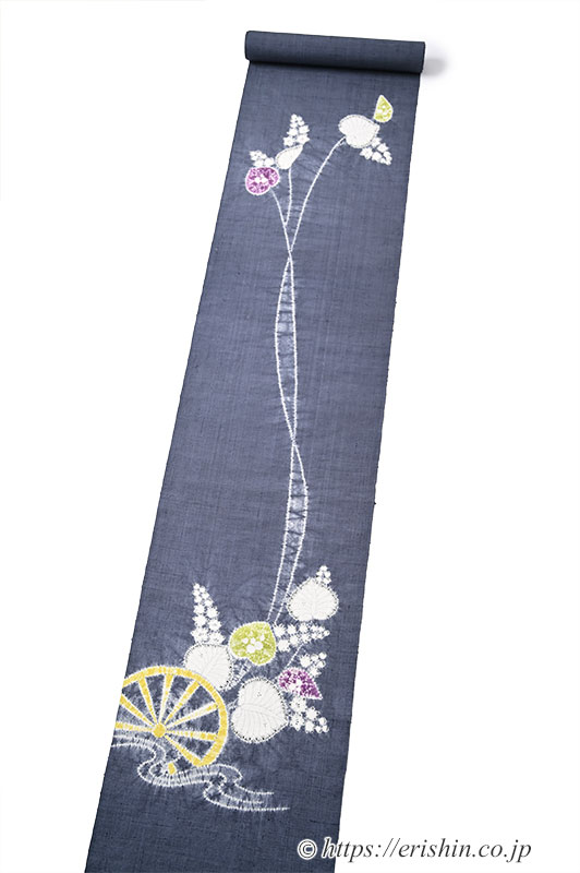 森健持 染名古屋帯(水車に葵・辻ケ花/紬地)「着物と帯・呉服えり新」