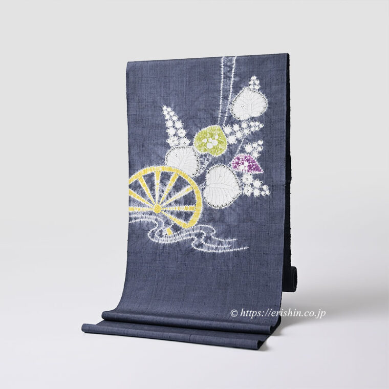 森健持　染名古屋帯（水車に葵・辻ケ花/紬地）「着物と帯・呉服えり新」