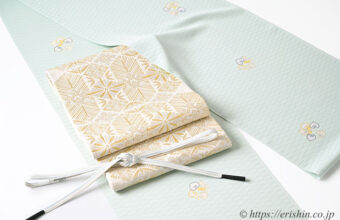 旬のお勧めコーディネート「葵の丸文の小紋に松竹梅の袋帯」