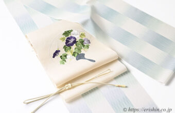 旬のお勧めコーディネート「明石縮「涼」に団扇に朝顔の刺繍帯」