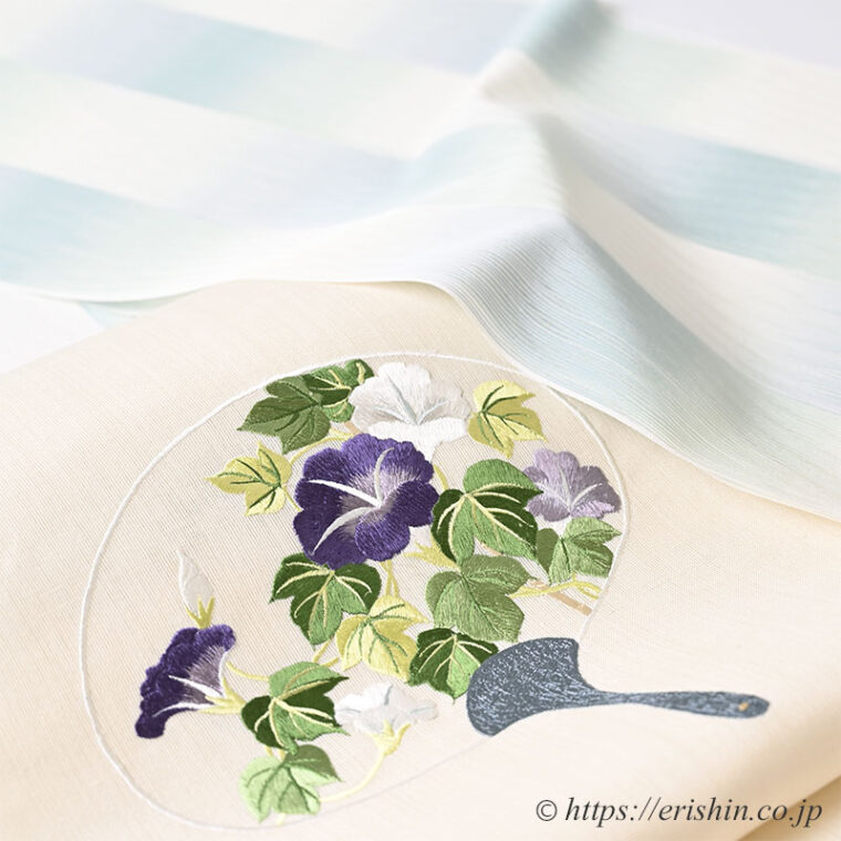 旬のお勧めコーディネート「明石縮「涼」に団扇に朝顔の刺繍帯」