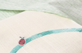 旬のお勧めコーディネート「片貝絞りにてんとう虫の麻八寸帯」