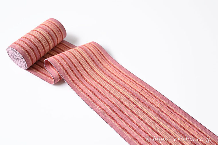 首里道屯織半幅帯（蘇芳色の濃淡に淡黄色）「着物と帯・呉服えり新」