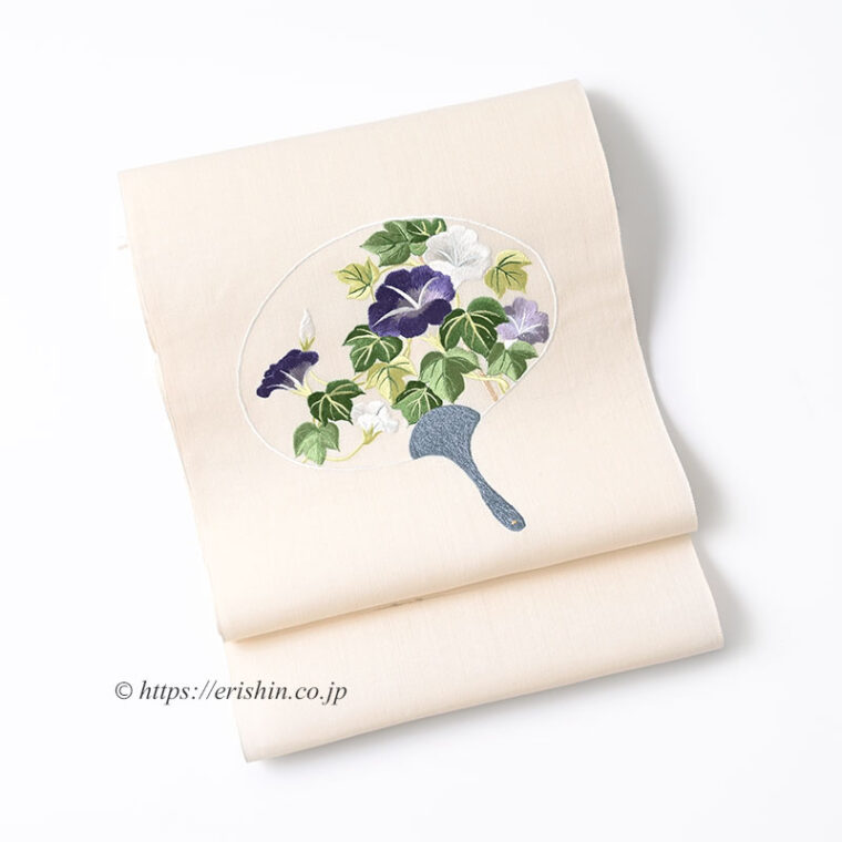 刺繍名古屋帯（団扇に朝顔/夏紬地）[夏・単衣向]「着物と帯・呉服えり新」