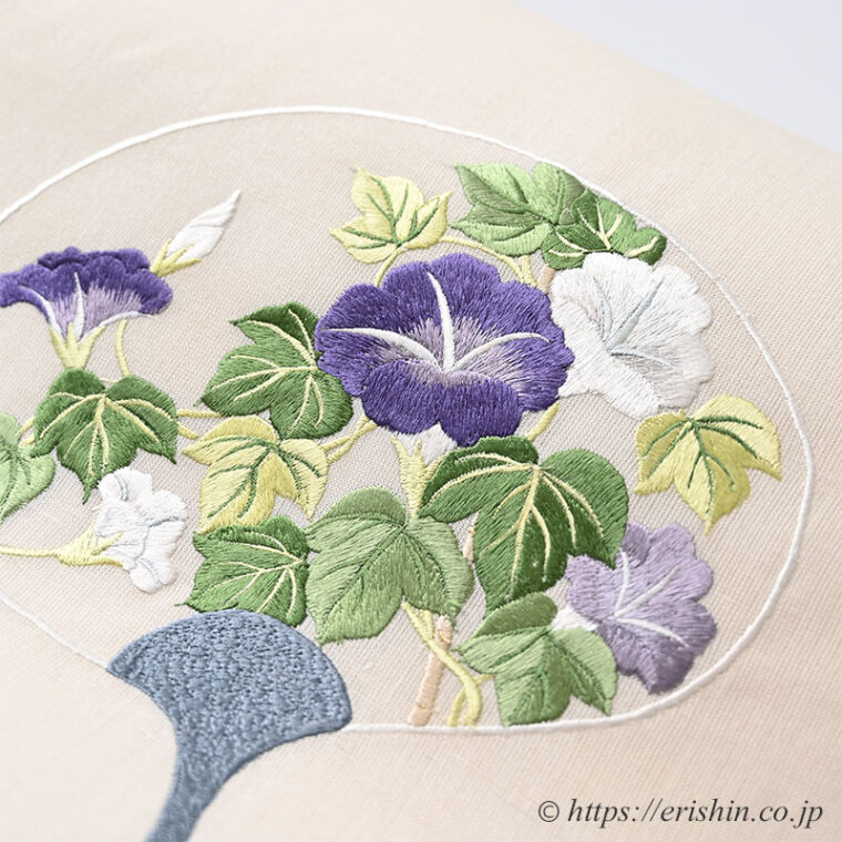 刺繍名古屋帯（団扇に朝顔/夏紬地）[夏・単衣向]「着物と帯・呉服えり新」
