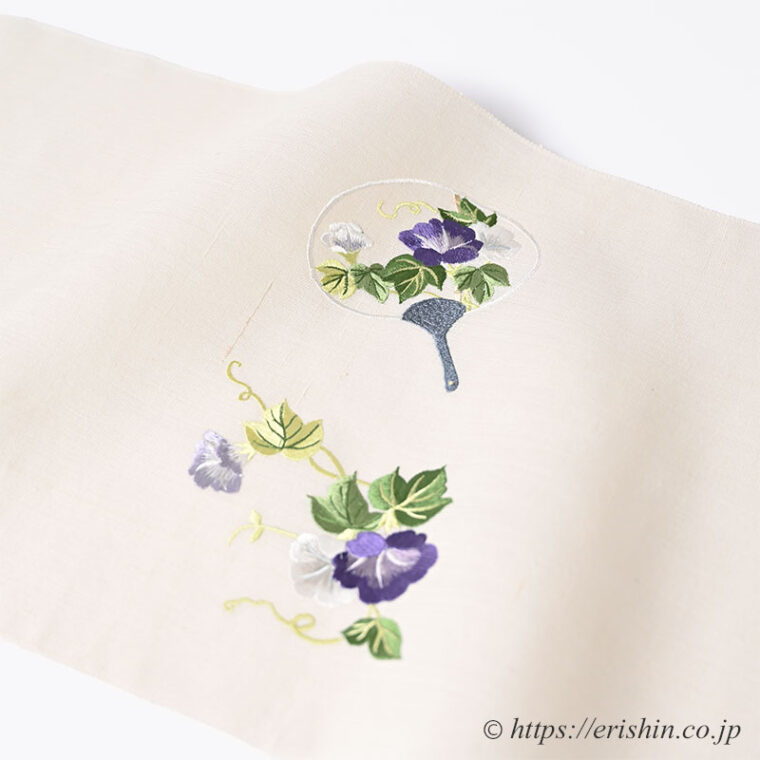 刺繍名古屋帯（団扇に朝顔/夏紬地）[夏・単衣向]「着物と帯・呉服えり新」