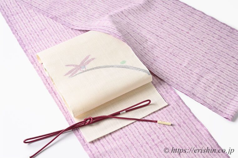 旬のお勧めコーディネート「片貝絞りに蜻蛉の麻八寸名古屋帯」