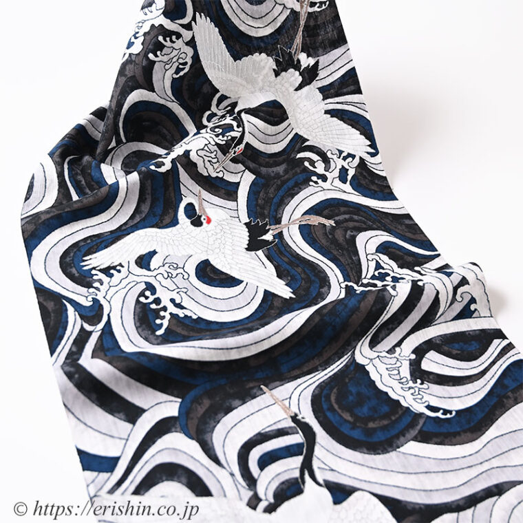 誉田屋源兵衛 浴衣（千年鶴乱舞/紺×茶・綿麻）広巾「着物と帯・呉服えり新」
